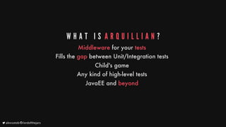 W H A T 	 I S 	A R Q U I L L I A N ?
Middleware
for
your
tests
Fills
the
gap
between
Unit/Integration
tests
Child's
game
Any
kind
of
high-level
tests
JavaEE
and
beyond
	alexsotob		lordofthejars
 