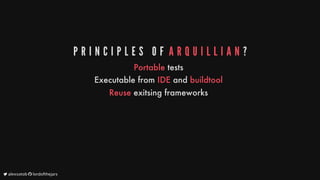 P R I N C I P L E S 	 O F 	A R Q U I L L I A N ?
Portable
tests
Executable
from
IDE
and
buildtool
Reuse
exitsing
frameworks
	alexsotob		lordofthejars
 