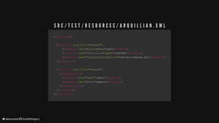<<arquillianarquillian>>
				<<extensionextension		qualifierqualifier==""dockerdocker"">>
												<<propertyproperty		namename==""machineNamemachineName"">>devdev</</propertyproperty>>
												<<propertyproperty		namename==""definitionFormatdefinitionFormat"">>COMPOSECOMPOSE</</propertyproperty>>
												<<propertyproperty		namename==""dockerContainersFiledockerContainersFile"">>docker-compose.ymldocker-compose.yml</</propertyproperty>>
				</</extensionextension>>
				
				<<containercontainer		qualifierqualifier==""tomcattomcat"">>
								<<configurationconfiguration>>
												<<propertyproperty		namename==""useruser"">>adminadmin</</propertyproperty>>
												<<propertyproperty		namename==""passpass"">>mypassmypass</</propertyproperty>>
								</</configurationconfiguration>>
				</</containercontainer>>
</</arquillianarquillian>>
S R C / T E S T / R E S O U R C E S / A R Q U I L L I A N . X M L
	alexsotob		lordofthejars
 