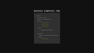 tomcattomcat::
		env_file		env_file::	envs	envs
		image		image::	tutum	tutum//tomcattomcat::7.07.0
		ports		ports::
												--		"8089:8089""8089:8089"
												--		"8088:8088""8088:8088"
												--		"8081:8080""8081:8080"
		links		links::
												--	pingpong	pingpong::pingpongpingpong
												
		pingpong		pingpong::
				image				image::	jonmorehouse	jonmorehouse//pingping--pongpong
				ports				ports::
												--		"8080:8080""8080:8080"
												
D O C K E R - C O M P O S E . Y M L
 