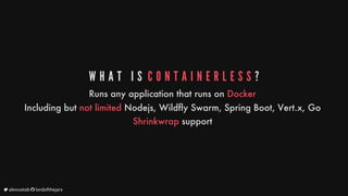 W H A T 	 I S 	C O N T A I N E R L E S S ?
Runs
any
application
that
runs
on
Docker
Including
but
not
limited
Nodejs,
Wildfly
Swarm,
Spring
Boot,
Vert.x,
Go
Shrinkwrap
support
	alexsotob		lordofthejars
 