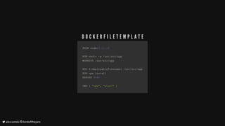 FROM	nodeFROM	node::0.110.11..1414
RUN	mkdir	RUN	mkdir	--p	p	//usrusr//srcsrc//appapp
WORKDIR	WORKDIR	//usrusr//srcsrc//appapp
ADD	$ADD	${{deployableFilenamedeployableFilename}}		//usrusr//srcsrc//appapp
RUN	npm	installRUN	npm	install
EXPOSE	EXPOSE	80808080
CMD	CMD	[[		"npm""npm",,		"start""start"		]]
D O C K E R F I L E T E M P L A T E
	alexsotob		lordofthejars
 