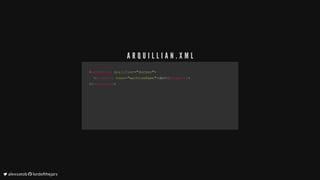 <<extensionextension		qualifierqualifier==""dockerdocker"">>
				<<propertyproperty		namename==""machineNamemachineName"">>devdev</</propertyproperty>>
</</extensionextension>>
A R Q U I L L I A N . X M L
	alexsotob		lordofthejars
 