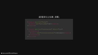 <<extensionextension		qualifierqualifier==""dockerdocker"">>
				<<propertyproperty		namename==""machineNamemachineName"">>devdev</</propertyproperty>>
</</extensionextension>>
<<containercontainer		qualifierqualifier==""containerlesscontainerless""		defaultdefault==""truetrue"">>
				<<configurationconfiguration>>
								<<propertyproperty		namename==""containerlessDockercontainerlessDocker"">>nodeexamplenodeexample</</propertyproperty>>
				</</configurationconfiguration>>
</</containercontainer>>
A R Q U I L L I A N . X M L
	alexsotob		lordofthejars
 