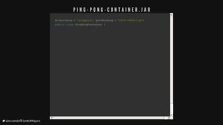 @@CubeCube((value	value	==		"pingpong""pingpong",,	portBinding		portBinding	==		"5000->8080/tcp""5000->8080/tcp"))
publicpublic		classclass		PingPongContainerPingPongContainer		{{
P I N G - P O N G - C O N T A I N E R . J A R
	alexsotob		lordofthejars
 
