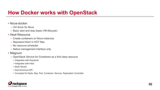 • Nova-docker
– Virt driver for Nova
– Basic start and stop (basic VM lifecycle)
• Heat Resource
– Create containers on Nova instances
– Represent them in HOT files
– No resource scheduler
– Native management interface only
• Magnum
– OpenStack Service for Containers as a first class resource
• Integrates with Keystone
• Integrates with Heat
• Multi-Tenant
• Asynchronous API
• Concepts for Node, Bay, Pod, Container, Service, Replication Controller
!23
How Docker works with OpenStack
 