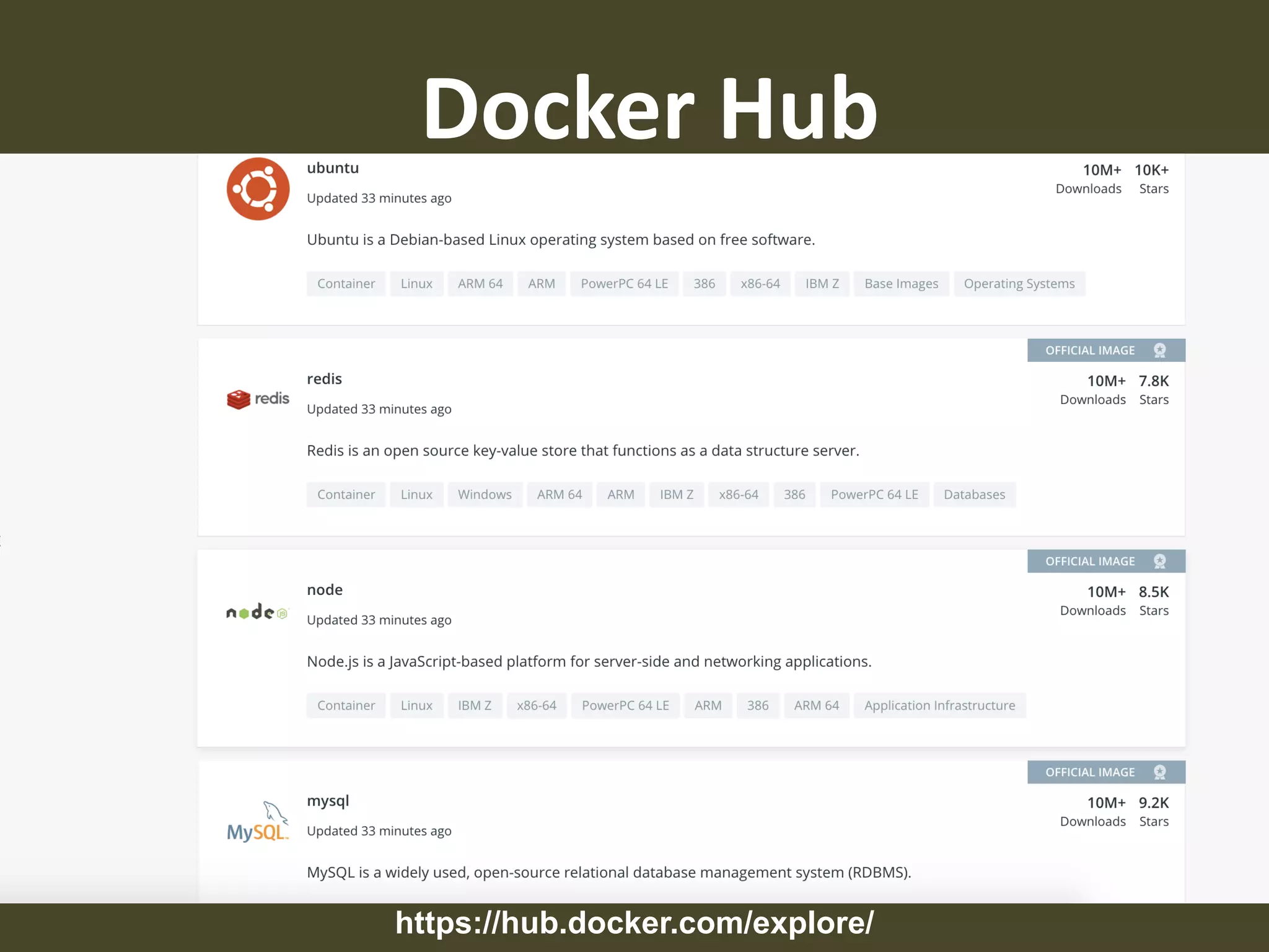 Docker Hub
https://hub.docker.com/explore/
 