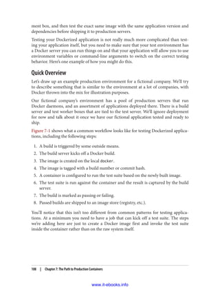 ment box, and then test the exact same image with the same application version and
dependencies before shipping it to production servers.
Testing your Dockerized application is not really much more complicated than test‐
ing your application itself, but you need to make sure that your test environment has
a Docker server you can run things on and that your application will allow you to use
environment variables or command-line arguments to switch on the correct testing
behavior. Here’s one example of how you might do this.
Quick Overview
Let’s draw up an example production environment for a fictional company. We’ll try
to describe something that is similar to the environment at a lot of companies, with
Docker thrown into the mix for illustration purposes.
Our fictional company’s environment has a pool of production servers that run
Docker daemons, and an assortment of applications deployed there. There is a build
server and test worker boxes that are tied to the test server. We’ll ignore deployment
for now and talk about it once we have our fictional application tested and ready to
ship.
Figure 7-1 shows what a common workflow looks like for testing Dockerized applica‐
tions, including the following steps:
1. A build is triggered by some outside means.
2. The build server kicks off a Docker build.
3. The image is created on the local docker.
4. The image is tagged with a build number or commit hash.
5. A container is configured to run the test suite based on the newly built image.
6. The test suite is run against the container and the result is captured by the build
server.
7. The build is marked as passing or failing.
8. Passed builds are shipped to an image store (registry, etc.).
You’ll notice that this isn’t too different from common patterns for testing applica‐
tions. At a minimum you need to have a job that can kick off a test suite. The steps
we’re adding here are just to create a Docker image first and invoke the test suite
inside the container rather than on the raw system itself.
108 | Chapter 7: The Path to Production Containers
www.it-ebooks.info
 