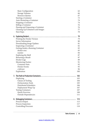 Basic Configuration 62
Storage Volumes 66
Resource Quotas 67
Starting a Container 73
Auto-Restarting a Container 74
Stopping a Container 74
Killing a Container 76
Pausing and Unpausing a Container 76
Cleaning Up Containers and Images 77
Next Steps 78
6. Exploring Dockert. . . . . . . . . . . . . . . . . . . . . . . . . . . . . . . . . . . . . . . . . . . . . . . . . . . . . . . . . . 79
Printing the Docker Version 79
Server Information 80
Downloading Image Updates 81
Inspecting a Container 82
Getting Inside a Running Container 83
docker exec 83
nsenter 84
Exploring the Shell 87
Returning a Result 87
Docker Logs 89
Monitoring Docker 91
Container Stats 92
Docker Events 95
cAdvisor 96
Exploration 100
7. The Path to Production Containers. . . . . . . . . . . . . . . . . . . . . . . . . . . . . . . . . . . . . . . . . . . 103
Deploying 103
Classes of Tooling 104
Orchestration Tools 105
Distributed Schedulers 106
Deployment Wrap-Up 107
Testing Containers 107
Quick Overview 108
Outside Dependencies 111
8. Debugging Containers. . . . . . . . . . . . . . . . . . . . . . . . . . . . . . . . . . . . . . . . . . . . . . . . . . . . . 113
Process Output 113
Process Inspection 117
Controlling Processes 118
Table of Contents | vii
www.it-ebooks.info
 