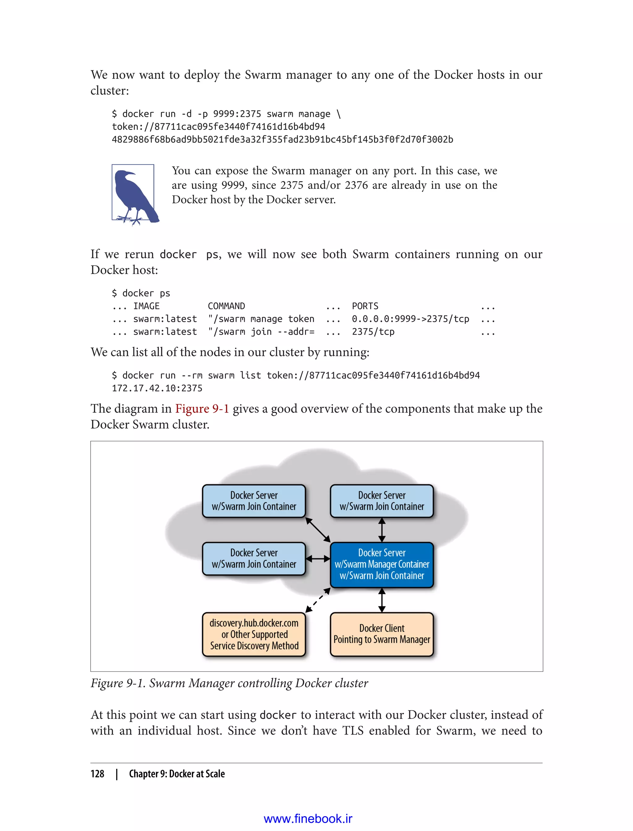 We now want to deploy the Swarm manager to any one of the Docker hosts in our
cluster:
$ docker run -d -p 9999:2375 swarm manage 
token://87711cac095fe3440f74161d16b4bd94
4829886f68b6ad9bb5021fde3a32f355fad23b91bc45bf145b3f0f2d70f3002b
You can expose the Swarm manager on any port. In this case, we
are using 9999, since 2375 and/or 2376 are already in use on the
Docker host by the Docker server.
If we rerun docker ps, we will now see both Swarm containers running on our
Docker host:
$ docker ps
... IMAGE COMMAND ... PORTS ...
... swarm:latest "/swarm manage token ... 0.0.0.0:9999->2375/tcp ...
... swarm:latest "/swarm join --addr= ... 2375/tcp ...
We can list all of the nodes in our cluster by running:
$ docker run --rm swarm list token://87711cac095fe3440f74161d16b4bd94
172.17.42.10:2375
The diagram in Figure 9-1 gives a good overview of the components that make up the
Docker Swarm cluster.
Figure 9-1. Swarm Manager controlling Docker cluster
At this point we can start using docker to interact with our Docker cluster, instead of
with an individual host. Since we don’t have TLS enabled for Swarm, we need to
128 | Chapter 9: Docker at Scale
www.finebook.ir
 