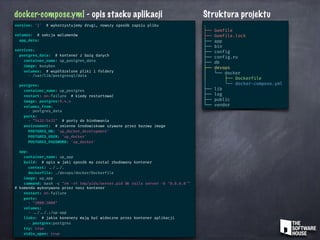 docker-compose.yml - opis stacku aplikacji
version: ‘2' # wykorzystujemy drugi, nowszy sposób zapsiu pliku
volumes: # sekcja wolumenów
app_data:
services:
postgres_data: # kontener z bazą danych
container_name: up_postgres_data
image: busybox
volumes: # współdzelone pliki i foldery
- /var/lib/postgresql/data
postgres:
container_name: up_postgres
restart: on-failure # kiedy restartować
image: postgres:9.4.4
volumes_from:
- postgres_data
ports:
- “5432:5432" # porty do bindowania
environment: # zmienne środowiskowe używane przez bazowy image
POSTGRES_DB: 'up_docker_development'
POSTGRES_USER: 'up_docker'
POSTGRES_PASSWORD: 'up_docker'
app:
container_name: up_app
build: # opis w jaki sposób ma zostać zbudowany kontener
context: ../ ../.
dockerfile: ./devops/docker/Dockerfile
image: up_app
command: bash -c "rm -rf tmp/pids/server.pid && rails server -b ‘0.0.0.0'"
# komenda wykonywana przez nasz kontener
restart: on-failure
ports:
- "3000:3000"
volumes:
- ../ ../.:/up-app
links: # jakie konenery mają być widoczne przez kontener aplikacji
- postgres:postgres
tty: true
stdin_open: true
Struktura projektu
.
├── Gemfile
├── Gemfile.lock
├── app
├── bin
├── config
├── config.ru
├── db
├── devops
│   └── docker
│   ├── Dockerfile
│   └── docker-compose.yml
├── lib
├── log
├── public
└── vendor
 