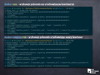 docker-compose run - wykonuje polecenie uruchamiając nowy kontener
# tkaczu @ TkaczBook in ~/Workspace/TSH/Uszanowanko/Docker on git:master x [0:37:28]
$ docker-compose -f devops/docker/docker-compose.yml run --rm app rake db:migrate
== 20160711132854 CreatePosts: migrating === === === === === === === === === === === === ==
-- create_table(:posts)
-> 0.0098s
== 20160711132854 CreatePosts: migrated (0.0102s) === === === === === === === === === ==
== 20160712130514 CreateCkeditorAssets: migrating === === === === === === === === === ==
-- create_table(:ckeditor_assets)
-> 0.0087s
-- add_index("ckeditor_assets", ["assetable_type", "type", "assetable_id"],
{:name =>"idx_ckeditor_assetable_type"})
-> 0.0046s
-- add_index("ckeditor_assets", ["assetable_type", "assetable_id"], {:name =>"idx_ckeditor_assetable"})
-> 0.0053s
== 20160712130514 CreateCkeditorAssets: migrated (0.0221s) === === === === === === ==
docker exec - wykonuje polecenie na uruchomionym kontenerze
# tkaczu @ TkaczBook in ~/Workspace/TSH/Uszanowanko/Docker on git:master x [0:18:27]
$ docker exec -it up_app rake db:migrate
== 20160711132854 CreatePosts: migrating === === === === === === === === === === === === ==
-- create_table(:posts)
-> 0.0101s
== 20160711132854 CreatePosts: migrated (0.0103s) === === === === === === === === === ==
== 20160712130514 CreateCkeditorAssets: migrating === === === === === === === === === ==
-- create_table(:ckeditor_assets)
-> 0.0069s
-- add_index("ckeditor_assets", ["assetable_type", "type", "assetable_id"],
{:name =>"idx_ckeditor_assetable_type"})
-> 0.0042s
-- add_index("ckeditor_assets", ["assetable_type", "assetable_id"], {:name =>"idx_ckeditor_assetable"})
-> 0.0098s
== 20160712130514 CreateCkeditorAssets: migrated (0.0218s) === === === === === === ==
 