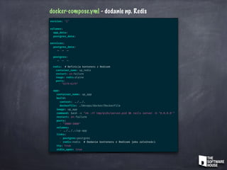 docker-compose.yml - dodanie np. Redis
version: ‘2’
volumes:
app_data:
postgres_data:
services:
postgres_data:
.. .. ..
postgres:
.. .. ..
redis: # Definicja konteneru z Redisem
container_name: up_redis
restart: on-failure
image: redis:alpine
ports:
- "6379:6379"
app:
container_name: up_app
build:
context: ../ ../.
dockerfile: ./devops/docker/Dockerfile
image: up_app
command: bash -c "rm -rf tmp/pids/server.pid && rails server -b ‘0.0.0.0'"
restart: on-failure
ports:
- "3000:3000"
volumes:
- ../ ../.:/up-app
links:
- postgres:postgres
- redis:redis # Dodanie konteneru z Redisem jako zależności
tty: true
stdin_open: true
 