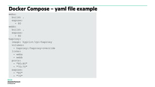 Docker Compose – yaml file example
weba:
build: .
expose:
- 80
webb:
build: .
expose:
- 80
haproxy:
image: hypriot/rpi-haproxy
volumes:
- haproxy:/haproxy-override
links:
- weba
- webb
ports:
- "80:80"
- "70:70"
expose:
- "80"
- "70"
 