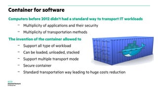 Container for software
Computers before 2012 didn't had a standard way to transport IT workloads
– Multiplicity of applications and their security
– Multiplicity of transportation methods
The invention of the container allowed to
– Support all type of workload
– Can be loaded, unloaded, stacked
– Support multiple transport mode
– Secure container
– Standard transportation way leading to huge costs reduction
 