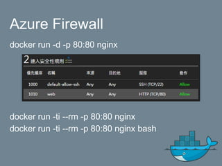 Azure Firewall
docker run -d -p 80:80 nginx
docker run -ti --rm -p 80:80 nginx
docker run -ti --rm -p 80:80 nginx bash
 