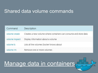 Shared data volume commands
Manage data in containers
 