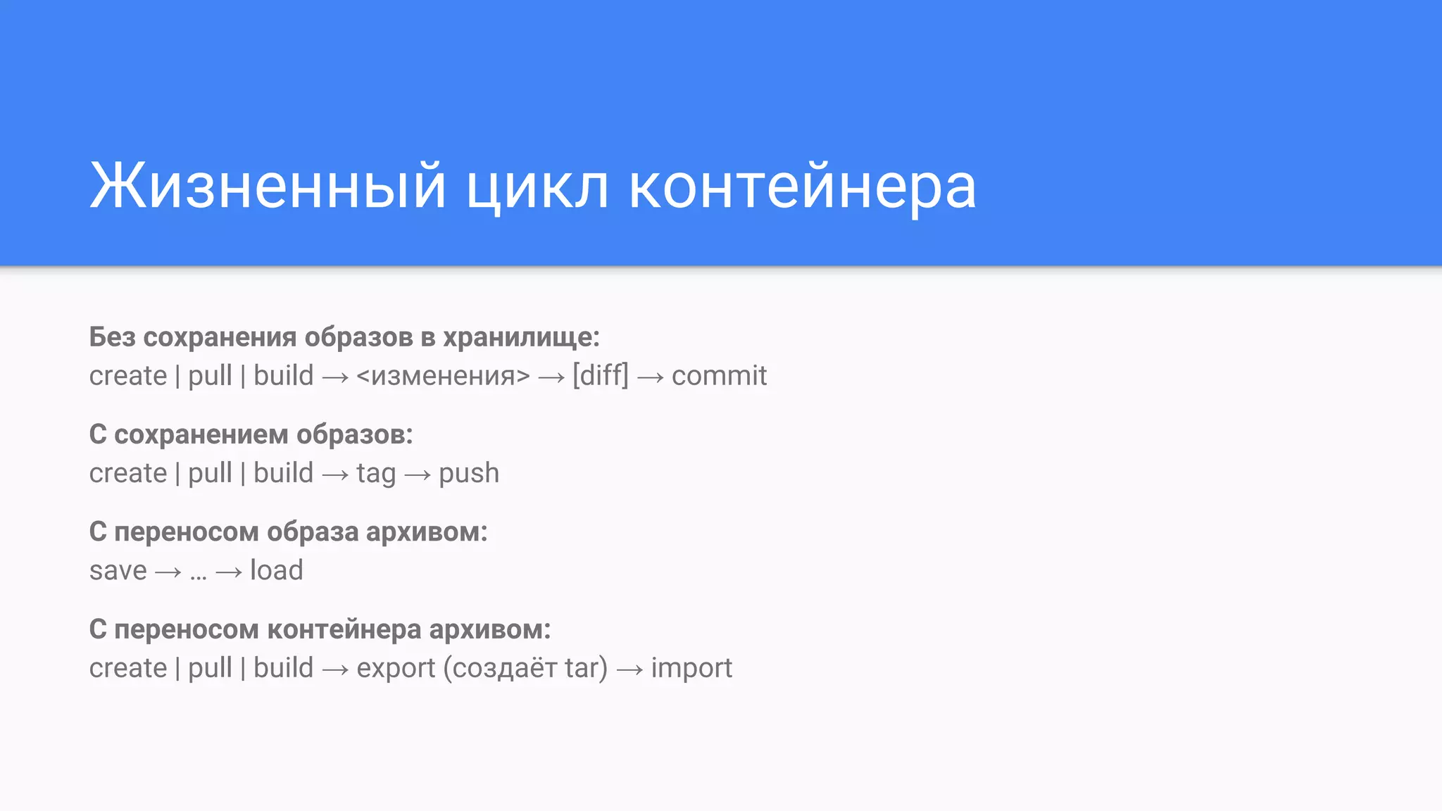 Жизненный цикл контейнера
Без сохранения образов в хранилище:
create | pull | build → <изменения> → [diff] → commit
С сохранением образов:
create | pull | build → tag → push
С переносом образа архивом:
save → … → load
С переносом контейнера архивом:
create | pull | build → export (создаёт tar) → import
 