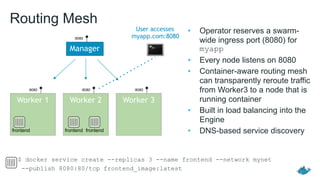 Routing Mesh
• Operator reserves a swarm-
wide ingress port (8080) for
myapp
• Every node listens on 8080
• Container-aware routing mesh
can transparently reroute traffic
from Worker3 to a node that is
running container
• Built in load balancing into the
Engine
• DNS-based service discovery
Worker 1
:8080
Manager
User accesses
myapp.com:8080:8080
Worker 2
:8080
Worker 3
:8080
frontend frontend
$ docker service create --replicas 3 --name frontend --network mynet
--publish 8080:80/tcp frontend_image:latest
frontend
 