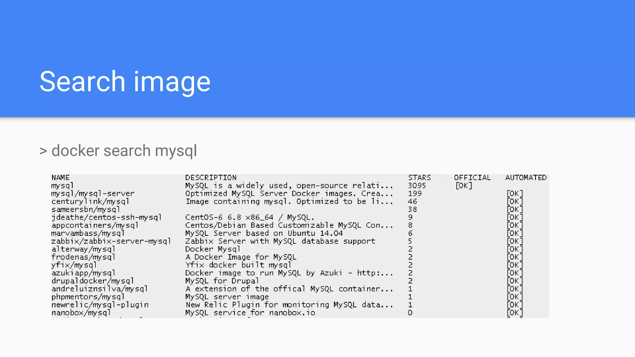 Search image
> docker search mysql
 