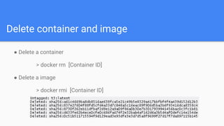 Delete container and image
● Delete a container
> docker rm [Container ID]
● Delete a image
> docker rmi [Container ID]
 