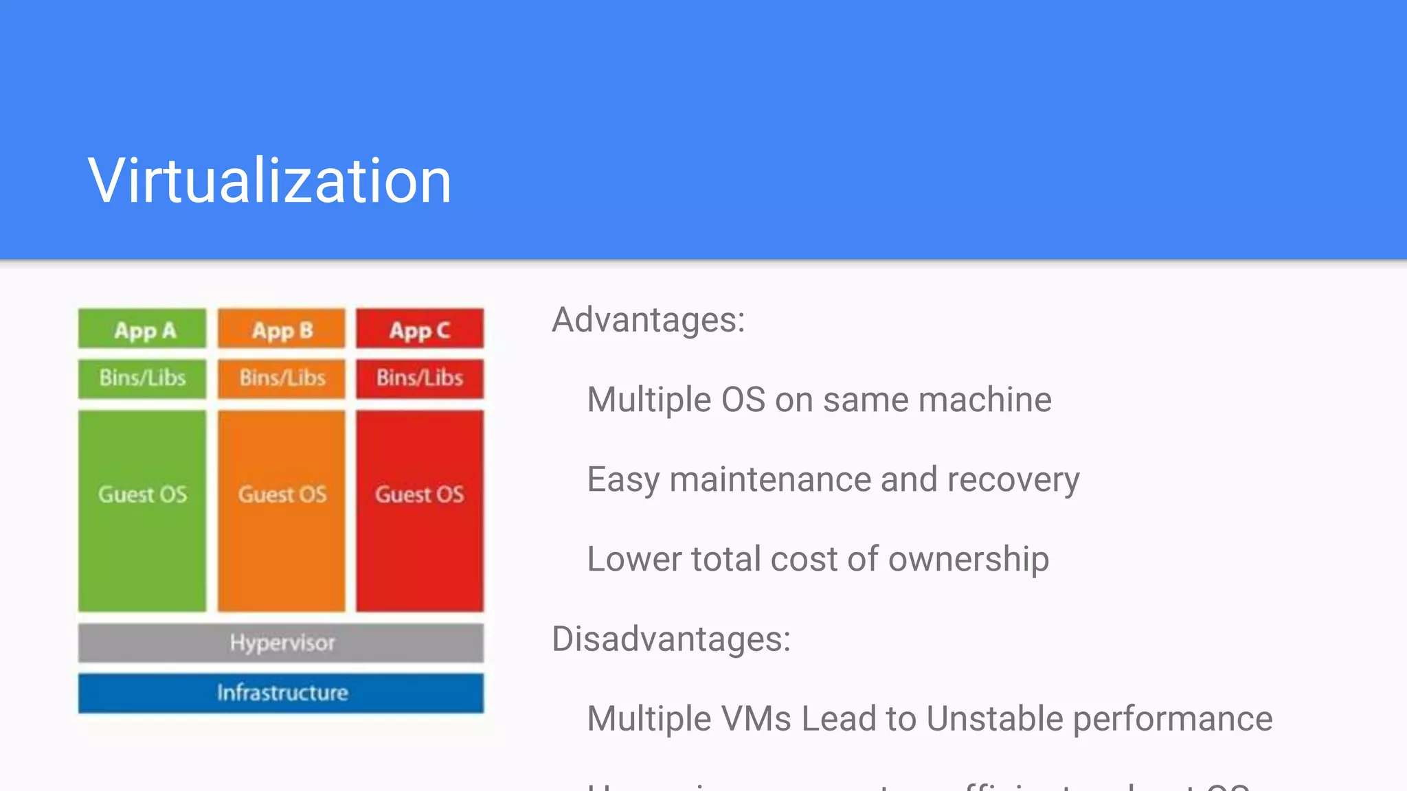 Virtualization
Advantages:
Multiple OS on same machine
Easy maintenance and recovery
Lower total cost of ownership
Disadvantages:
Multiple VMs Lead to Unstable performance
 