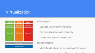 Virtualization
Advantages:
Multiple OS on same machine
Easy maintenance and recovery
Lower total cost of ownership
Disadvantages:
Multiple VMs Lead to Unstable performance
 