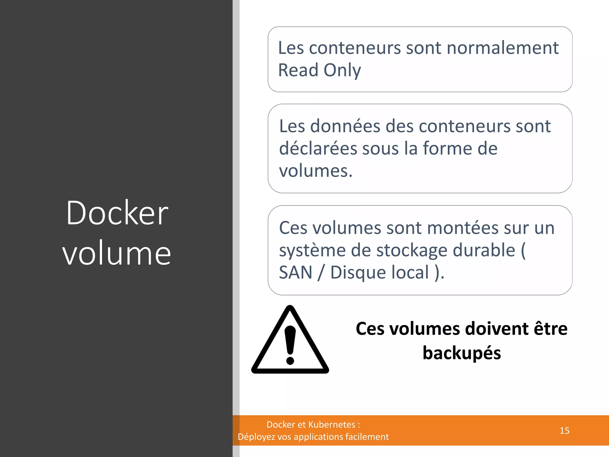 Docker
volume
Les conteneurs sont normalement
Read Only
Les données des conteneurs sont
déclarées sous la forme de
volumes.
Ces volumes sont montées sur un
système de stockage durable (
SAN / Disque local ).
Ces volumes doivent être
backupés
Docker et Kubernetes :
Déployez vos applications facilement
15
 