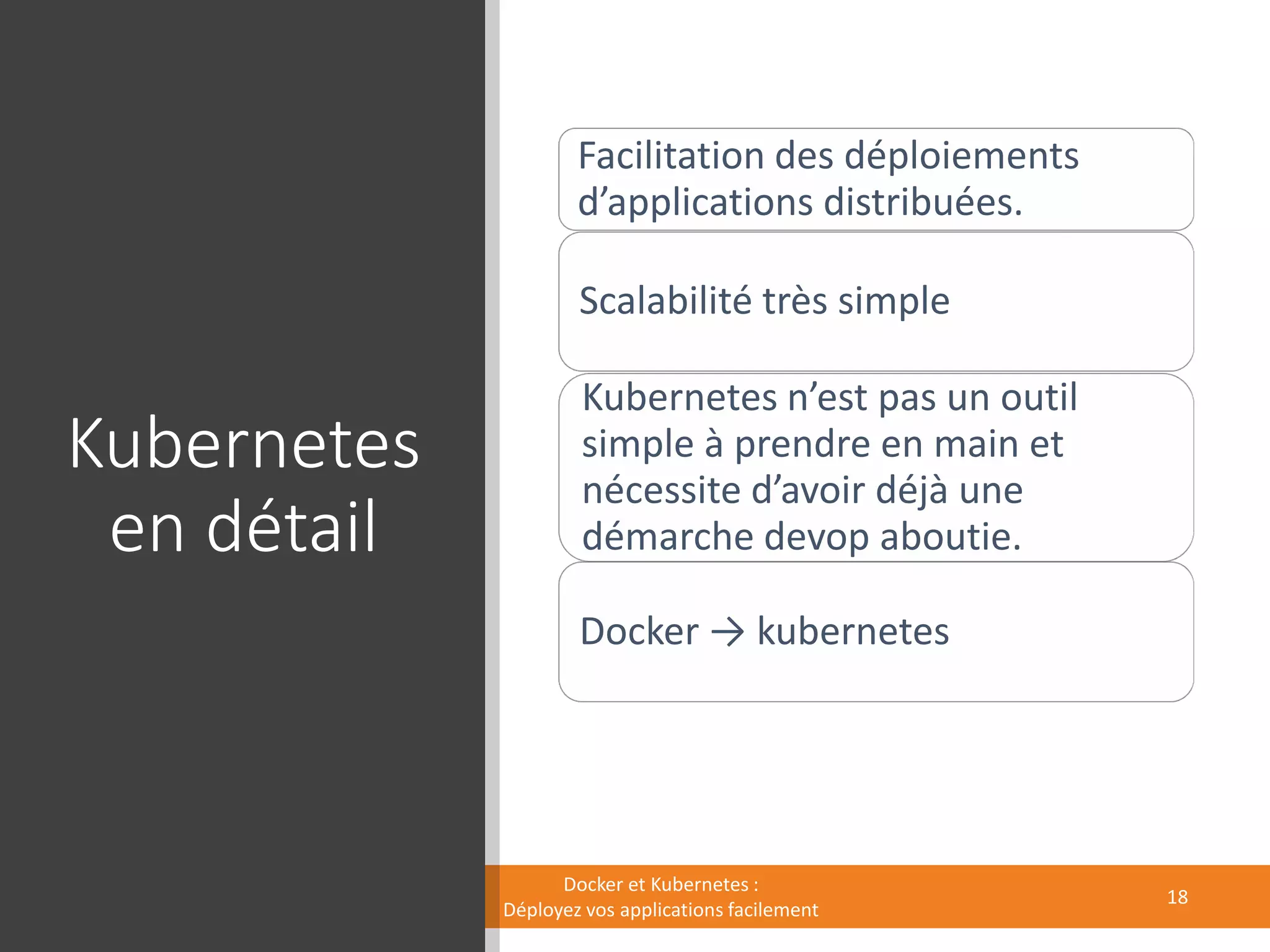 Kubernetes
en détail
Facilitation des déploiements
d’applications distribuées.
Scalabilité très simple
Kubernetes n’est pas un outil
simple à prendre en main et
nécessite d’avoir déjà une
démarche devop aboutie.
Docker → kubernetes
Docker et Kubernetes :
Déployez vos applications facilement
18
 