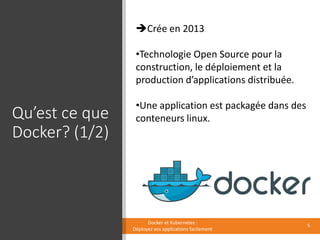 Qu’est ce que
Docker? (1/2)
Docker et Kubernetes :
Déployez vos applications facilement
Crée en 2013
•Technologie Open Source pour la
construction, le déploiement et la
production d’applications distribuée.
•Une application est packagée dans des
conteneurs linux.
5
 