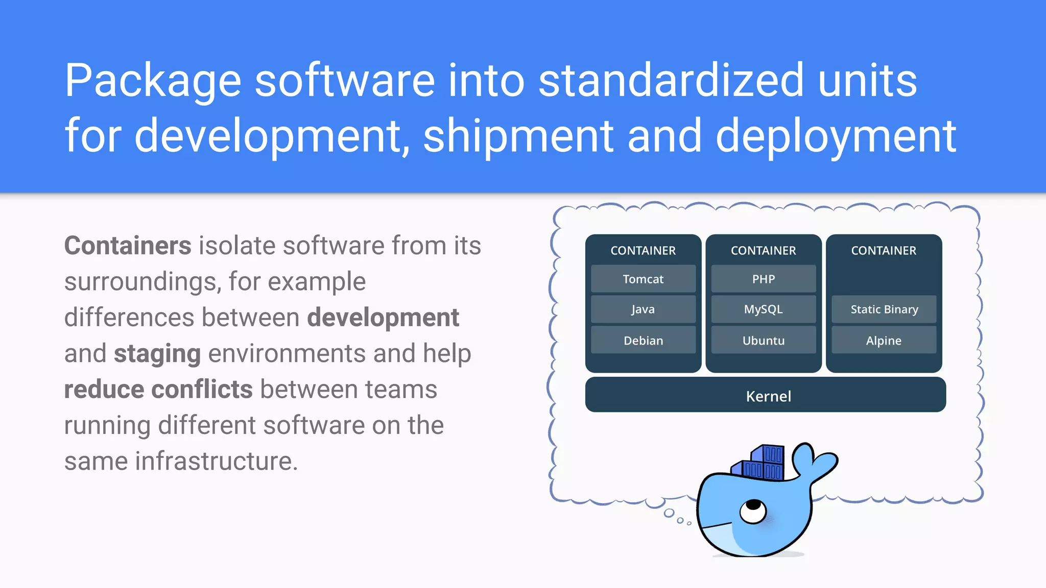Package software into standardized units
for development, shipment and deployment
Containers isolate software from its
surroundings, for example
differences between development
and staging environments and help
reduce conflicts between teams
running different software on the
same infrastructure.
 