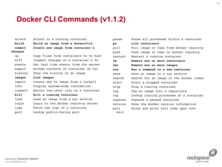 Docker CLI Commands (v1.1.2)
attach Attach to a running container
build Build an image from a Dockerfile
commit Create new image from container's
changes
cp Copy files from containers fs to host
diff Inspect changes on a container's fs
events Get real time events from the server
export Stream contents of container as tar
history Show the history of an image
images List images
import Create new fs image from a tarball
info Display system-wide information
inspect Return low-level info on a container
kill Kill a running container
load Load an image from a tar archive
login Login to the docker registry server
logs Fetch the logs of a container
port Lookup public-facing port
pause Pause all processes within a container
ps List containers
pull Pull image or repo from docker registry
push Push image or repo to docker registry
restart Restart a running container
rm Remove one or more containers
rmi Remove one or more images
run Run a command in a new container
save Save an image to a tar archive
search Search for an image in the docker index
start Start a stopped container
stop Stop a running container
tag Tag an image into a repository
top Lookup running processes of a container
unpause Unpause a paused container
version Show the docker version information
wait Block and print exit code upon cont
exit
16
 