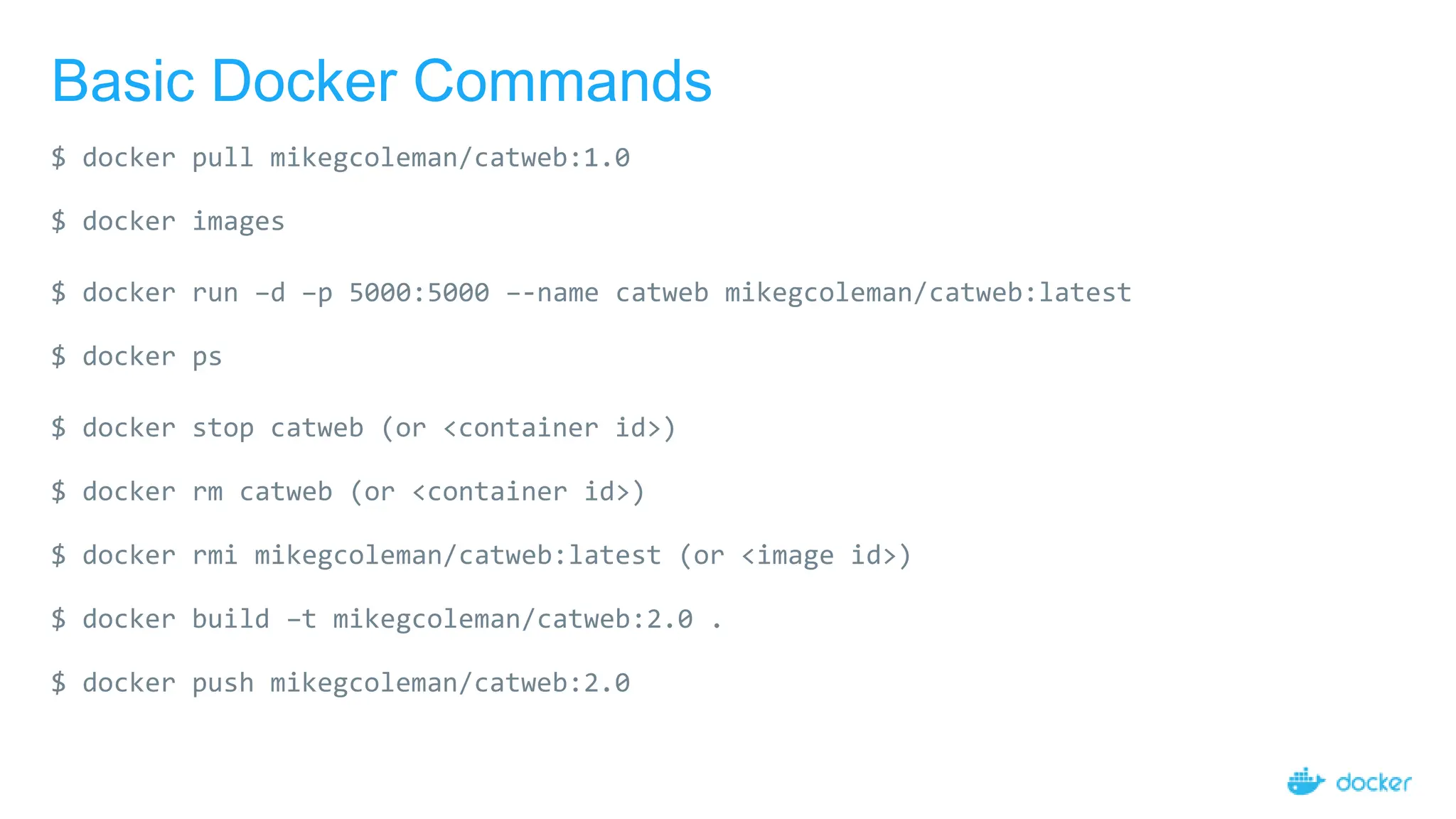 Basic Docker Commands
$ docker pull mikegcoleman/catweb:1.0
$ docker images
$ docker run –d –p 5000:5000 –-name catweb mikegcoleman/catweb:latest
$ docker ps
$ docker stop catweb (or <container id>)
$ docker rm catweb (or <container id>)
$ docker rmi mikegcoleman/catweb:latest (or <image id>)
$ docker build –t mikegcoleman/catweb:2.0 .
$ docker push mikegcoleman/catweb:2.0
 