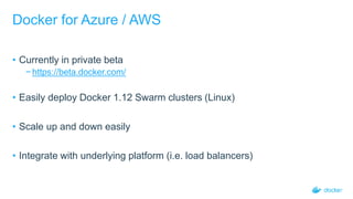 Docker for Azure / AWS
• Currently in private beta
− https://beta.docker.com/
• Easily deploy Docker 1.12 Swarm clusters (Linux)
• Scale up and down easily
• Integrate with underlying platform (i.e. load balancers)
 