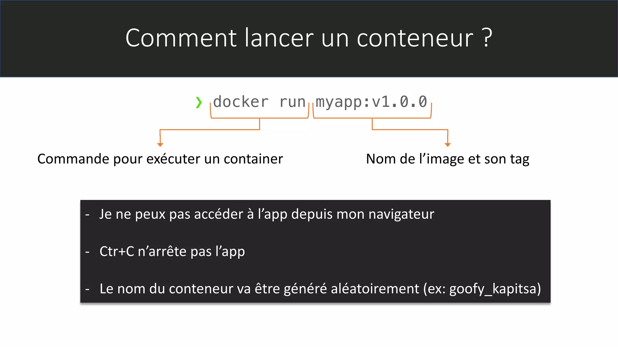Comment lancer un conteneur ?
- Je ne peux pas accéder à l’app depuis mon navigateur
- Ctr+C n’arrête pas l’app
- Le nom du conteneur va être généré aléatoirement (ex: goofy_kapitsa)
❯ docker run myapp:v1.0.0
Commande pour exécuter un container Nom de l’image et son tag
 