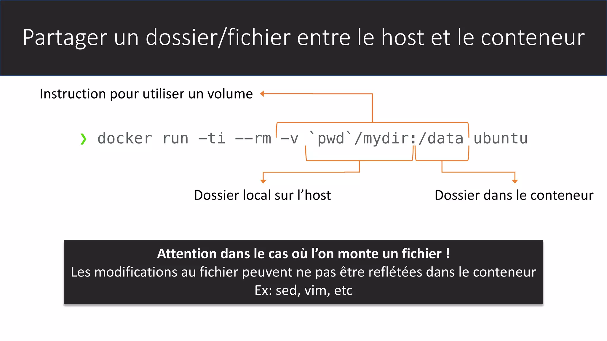 Partager un dossier/fichier entre le host et le conteneur
❯ docker run -ti --rm -v `pwd`/mydir:/data ubuntu
Instruction pour utiliser un volume
Dossier local sur l’host Dossier dans le conteneur
Attention dans le cas où l’on monte un fichier !
Les modifications au fichier peuvent ne pas être reflétées dans le conteneur
Ex: sed, vim, etc
 