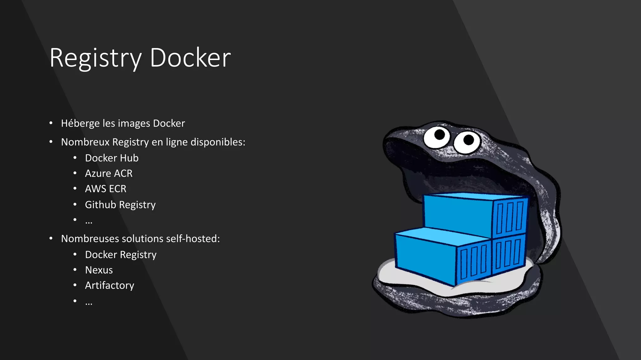 Registry Docker
• Héberge les images Docker
• Nombreux Registry en ligne disponibles:
• Docker Hub
• Azure ACR
• AWS ECR
• Github Registry
• …
• Nombreuses solutions self-hosted:
• Docker Registry
• Nexus
• Artifactory
• …
 