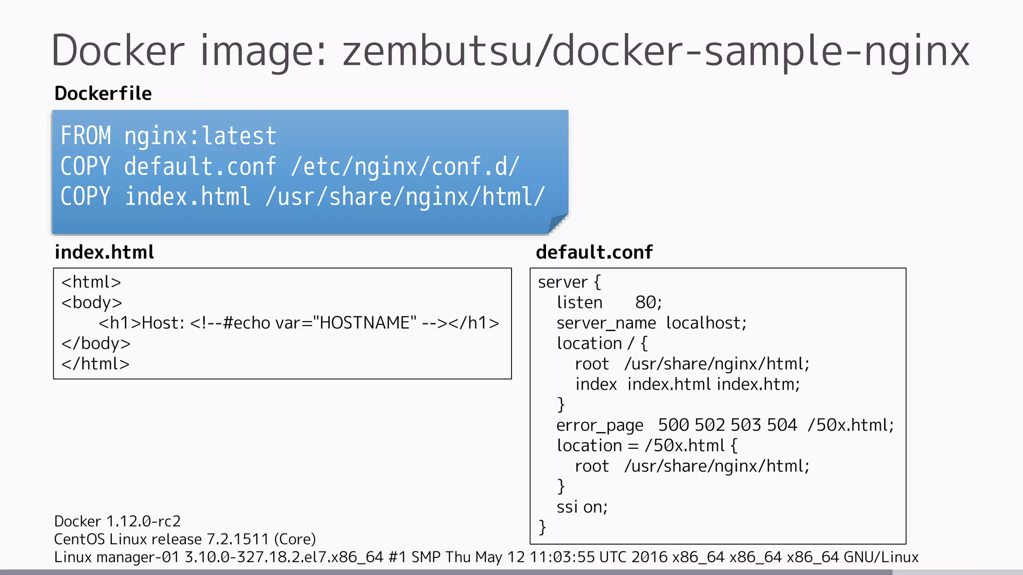 Docker image: zembutsu/docker-sample-nginx
FROM nginx:latest
COPY default.conf /etc/nginx/conf.d/
COPY index.html /usr/share/nginx/html/
<html>
<body>
<h1>Host: <!--#echo var="HOSTNAME" --></h1>
</body>
</html>
server {
listen 80;
server_name localhost;
location / {
root /usr/share/nginx/html;
index index.html index.htm;
}
error_page 500 502 503 504 /50x.html;
location = /50x.html {
root /usr/share/nginx/html;
}
ssi on;
}
Dockerfile
index.html default.conf
Docker 1.12.0-rc2
CentOS Linux release 7.2.1511 (Core)
Linux manager-01 3.10.0-327.18.2.el7.x86_64 #1 SMP Thu May 12 11:03:55 UTC 2016 x86_64 x86_64 x86_64 GNU/Linux
 