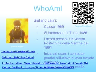 WhoAmI
Giuliano Latini:
• Classe 1969
• Si interessa di I.T. dal 1986
• Lavora presso l’Università
Politecnica delle Marche dal
1991
• Inizia ad usare i computer
perché s’illudeva di aver trovato
qualcuno
che lavorerà al suo posto.
Internet Avatar
latini.giuliano@gmail.com
Twitter: @giulianolatini
Linkedin: https://www.linkedin.com/pub/giuliano-latini/a/aa6/274
Pagina Feedback: https://it.surveymonkey.com/s/Y8YW537
Pagina Feedback
 