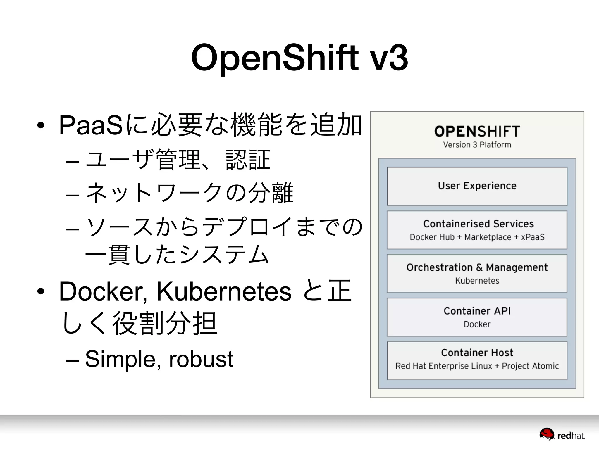 OpenShift v3
•  PaaSに必要な機能を追加
– ユーザ管理、認証
– ネットワークの分離
– ソースからデプロイまでの
一貫したシステム
•  Docker, Kubernetes と正
しく役割分担
– Simple, robust
 