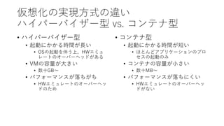 仮想化の実現方式の違い
ハイパーバイザー型 vs. コンテナ型
• ハイパーバイザー型
• 起動にかかる時間が長い
• OSの起動を伴う上、HWエミュ
レートのオーバーヘッドがある
• VMの容量が大きい
• 数十GB～
• パフォーマンスが落ちがち
• HWエミュレートのオーバーヘッ
ドのため
• コンテナ型
• 起動にかかる時間が短い
• ほとんどアプリケーションのプロ
セスの起動のみ
• コンテナの容量が小さい
• 数十MB～
• パフォーマンスが落ちにくい
• HWエミュレートのオーバーヘッ
ドがない
 