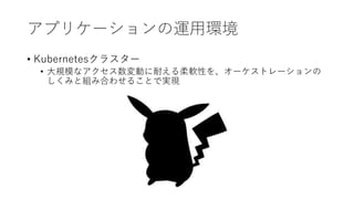 アプリケーションの運用環境
• Kubernetesクラスター
• 大規模なアクセス数変動に耐える柔軟性を、オーケストレーションの
しくみと組み合わせることで実現
 