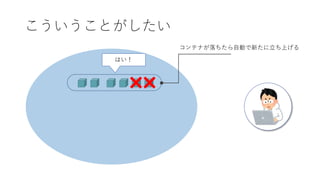 こういうことがしたい
はい！
コンテナが落ちたら自動で新たに立ち上げる
 