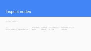 Inspect nodes
docker node ls
ID HOSTNAME STATUS AVAILABILITY MANAGER STATUS
phfku7dign7xvzppcb0i9fzqj * moby Ready Active Leader
 