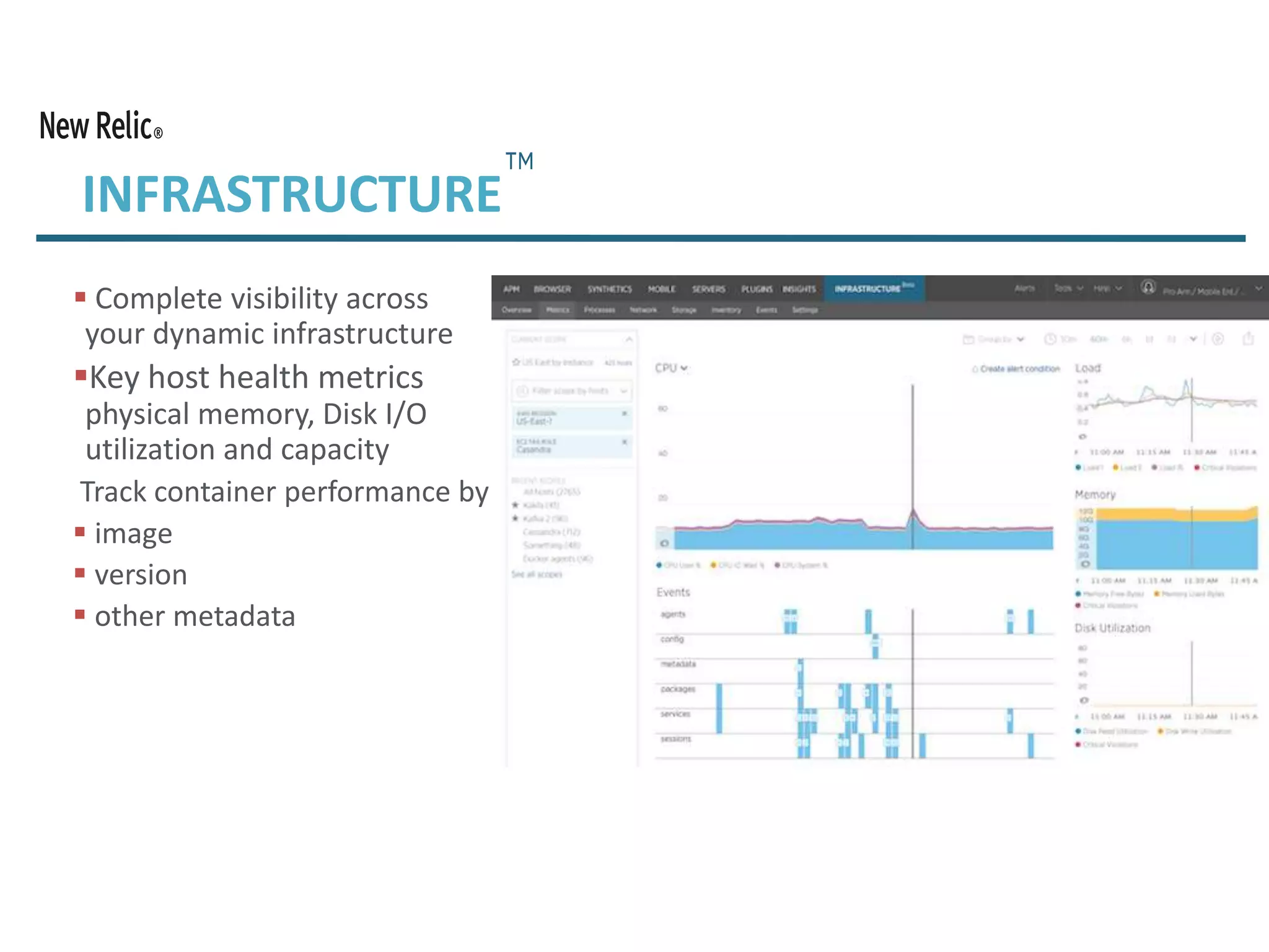  Complete visibility across
your dynamic infrastructure
Key host health metrics
physical memory, Disk I/O
utilization and capacity
Track container performance by
 image
 version
 other metadata
INFRASTRUCTURE
 
