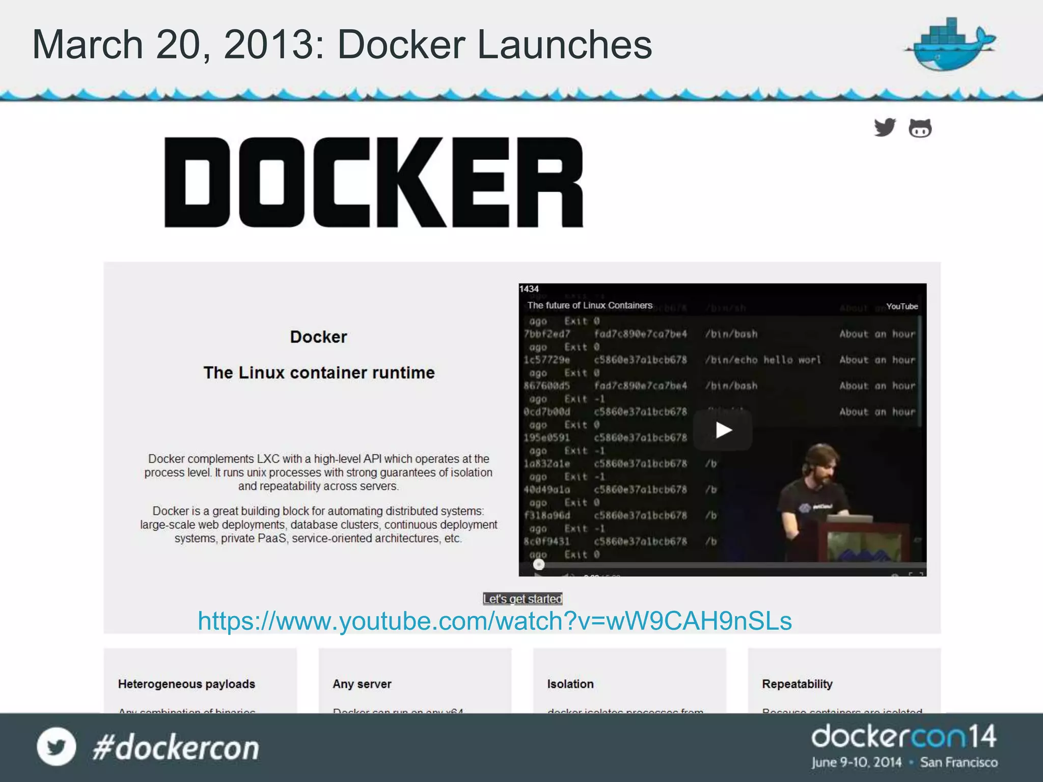 March 20, 2013: Docker Launches
https://www.youtube.com/watch?v=wW9CAH9nSLs
 