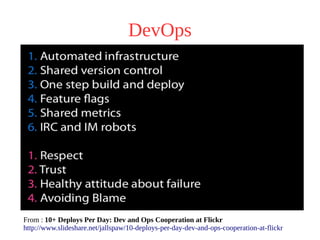 DevOps
From : 10+ Deploys Per Day: Dev and Ops Cooperation at Flickr
http://www.slideshare.net/jallspaw/10-deploys-per-day-dev-and-ops-cooperation-at-flickr
 