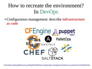 How to recreate the environment?
In DevOps
● Configuration management: describe infrastructure
as code
From:https://www.getfilecloud.com/blog/2014/08/top-8-configuration-management-tools-for-sys-admins/#.VzM7bqNcSko
 