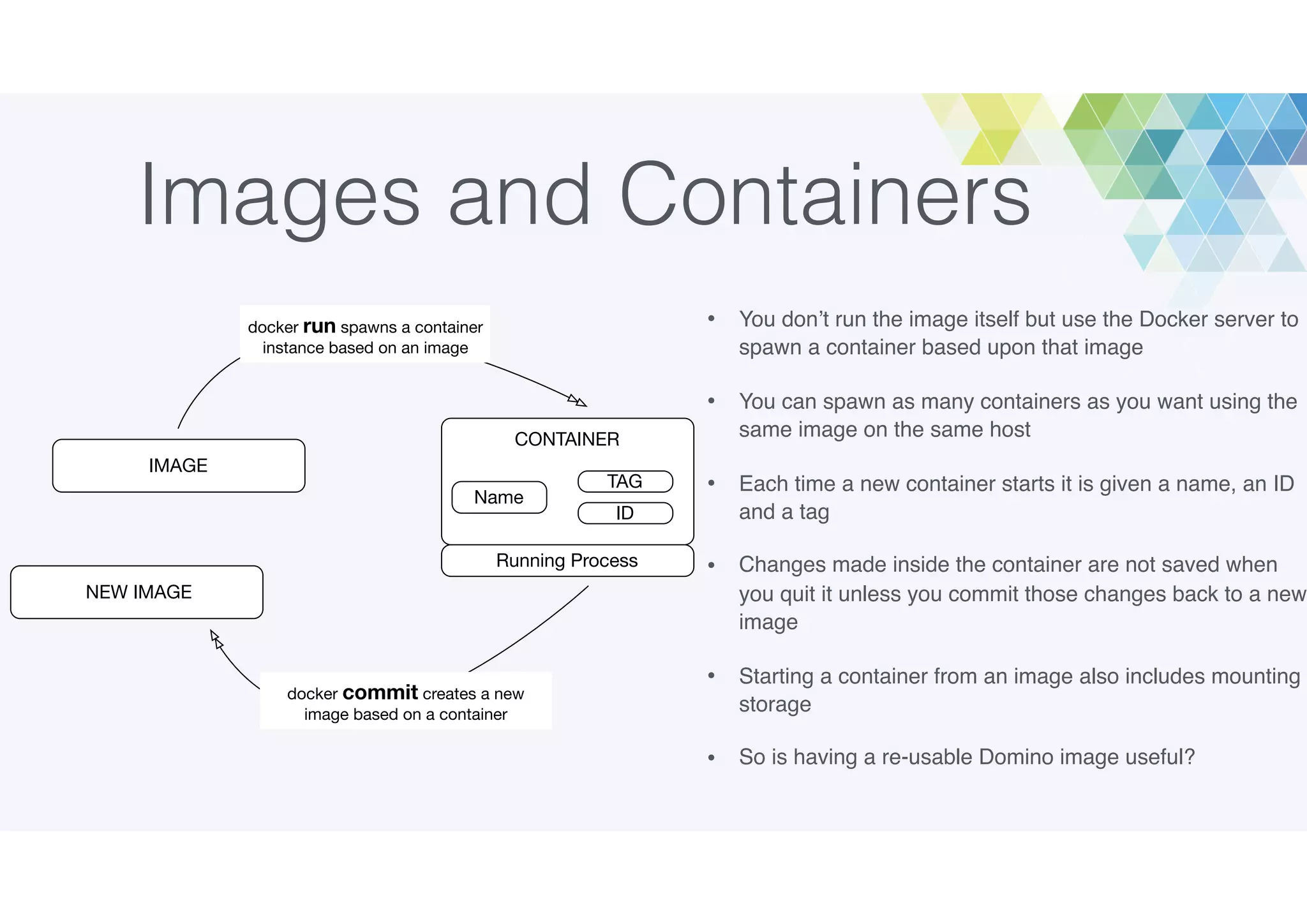 Images and Containers
• You don’t run the image itself but use the Docker server to
spawn a container based upon that image
• You can spawn as many containers as you want using the
same image on the same host
• Each time a new container starts it is given a name, an ID
and a tag
• Changes made inside the container are not saved when
you quit it unless you commit those changes back to a new
image
• Starting a container from an image also includes mounting
storage
• So is having a re-usable Domino image useful?
IMAGE
CONTAINER
ID
TAG
Running Process
NEW IMAGE
docker run spawns a container
instance based on an image
docker commit creates a new
image based on a container
Name
 