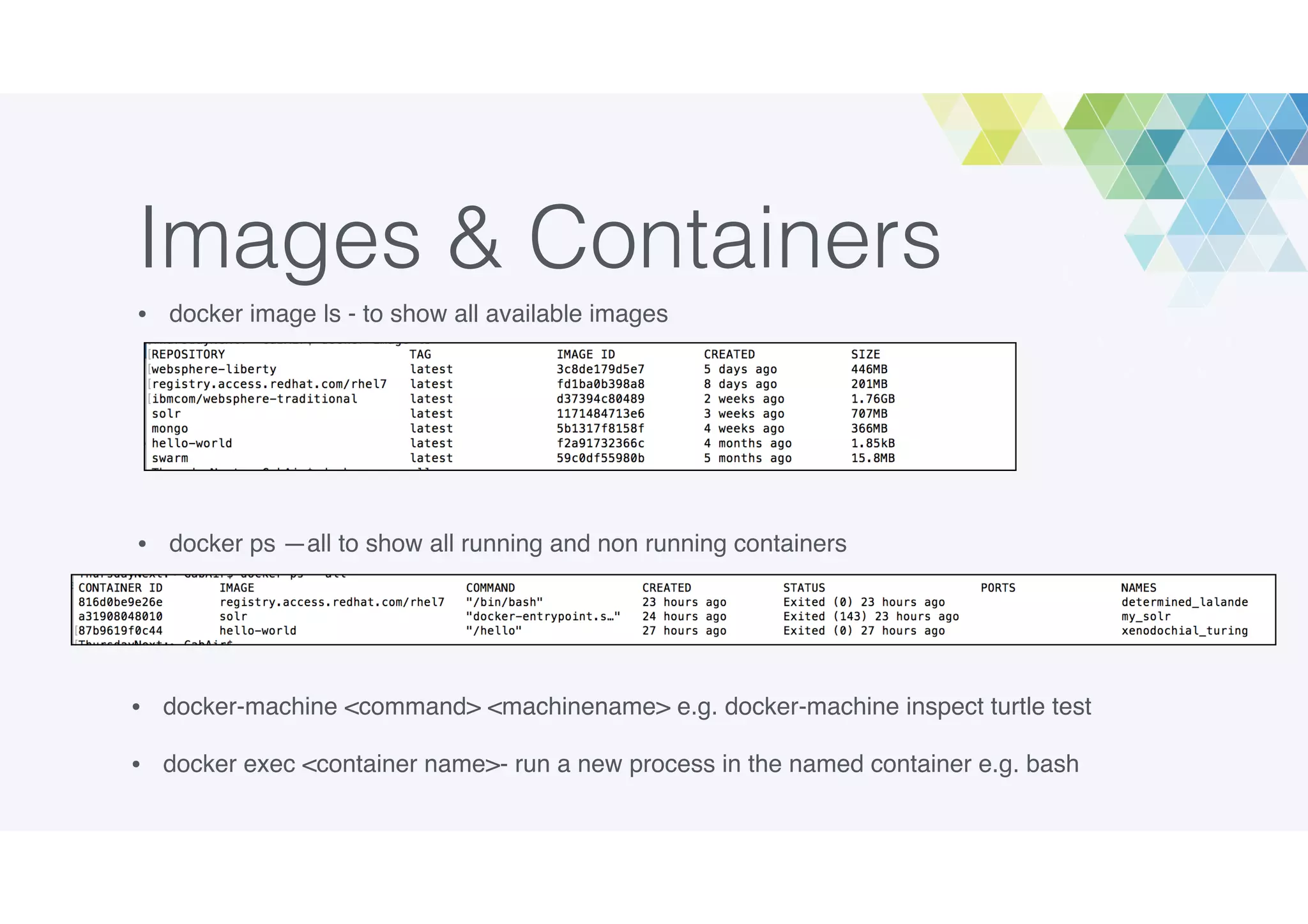 Images & Containers
• docker image ls - to show all available images
• docker ps —all to show all running and non running containers
• docker-machine <command> <machinename> e.g. docker-machine inspect turtle test
• docker exec <container name>- run a new process in the named container e.g. bash
 